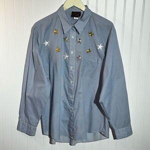 P.G.B. Vintage Button Up Shirt X-Large Blue Strip Embroidered Stars Silver/Gold